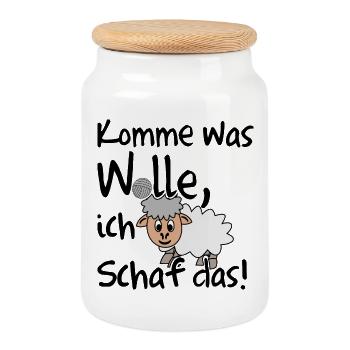 Komme was Wolle ich Schaf das. Lustiger Spruch - Keksdose mit Holzdeckel - Weiß - Vorne