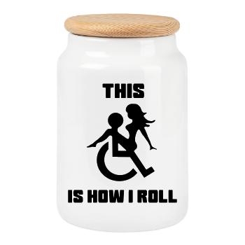 Zum Beispiel rolle ich mich in meinem Rollstuhl mit einer Dame auf meinem Schoß herum # - Keksdose mit Holzdeckel - Weiß - Vorne