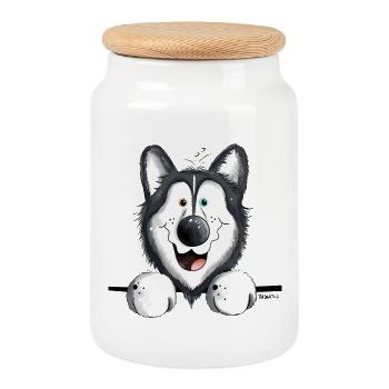Happy Husky - Boîte à biscuits avec couvercle en bois - blanc - Devant