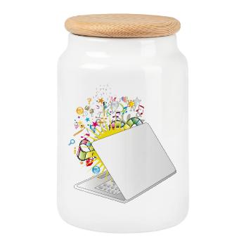 Ein halb geöffneter Laptop mit vielen Symbolen - Keksdose mit Holzdeckel - Weiß - Vorne