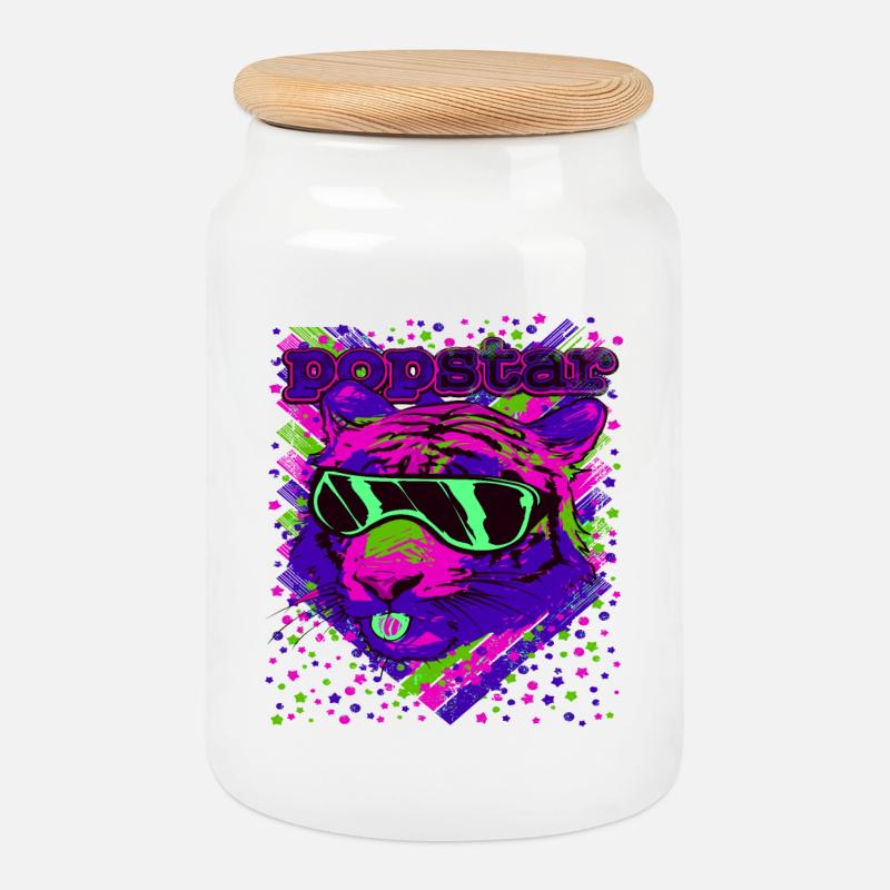 Popstar Neon Katzen Illustration - Keksdose mit Holzdeckel - Weiß
