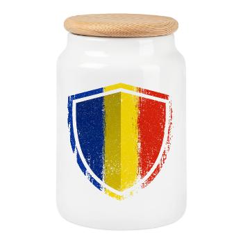 Beschädigtes blaues Gelbes Rotes Schild - Keksdose mit Holzdeckel - Weiß - Vorne