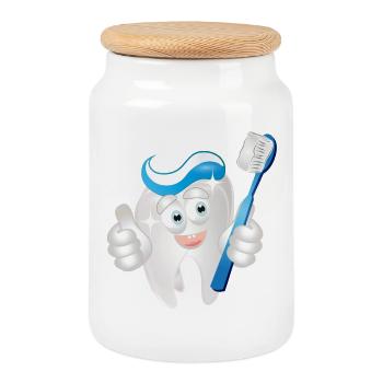 strahlender weißer Zahn mit Zahncreme als Comic - Keksdose mit Holzdeckel - Weiß - Vorne