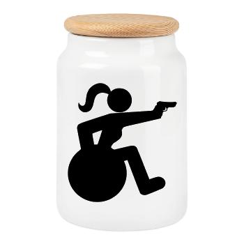 Shooting wheelchair user. # - Cookie Jar with Wooden Lid - white - Front