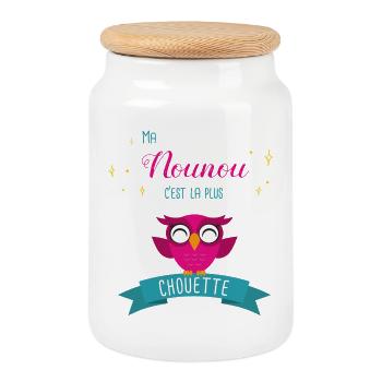 Design Hibou Mignon pour Nounou Super Chouette - Boîte à biscuits avec couvercle en bois - blanc - Devant