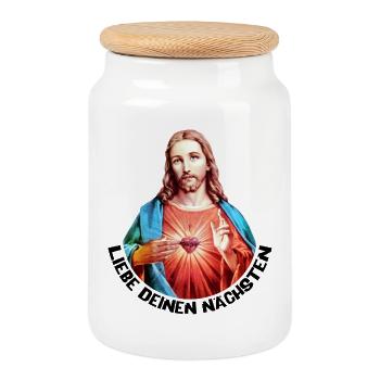 Love Your Neighbor Jesus Left Hand Blessing - Cookie Jar with Wooden Lid - white - Front