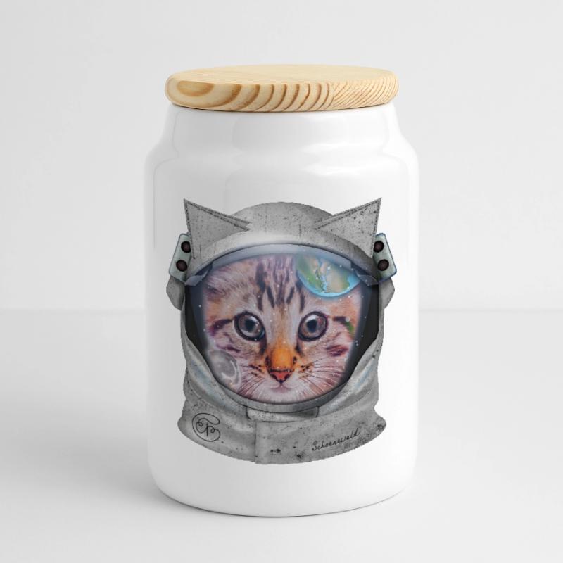 Chat dans l’espace Boîte à biscuits avec couvercle en bois