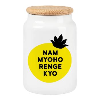 Nam Myoho Renge Buddha Mantra Lotus Saying - Cookie Jar with Wooden Lid - white - Front
