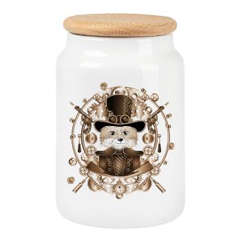 Steampunk fox with cylinder hat in the frame - Cookie Jar with Wooden Lid - white - Front