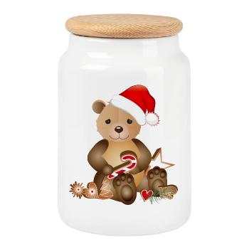 goldiger Bär für Weihnachten mit Weihnachtsmütze - Keksdose mit Holzdeckel - Weiß - Vorne