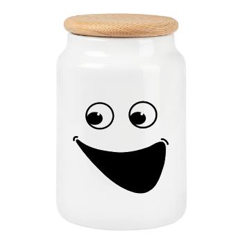 Visage heureux Sourire Cartoon Positif Rire - Boîte à biscuits avec couvercle en bois - blanc - Devant