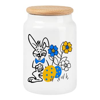 Rabbit with Easter eggs and flowers - Cookie Jar with Wooden Lid - white - Front