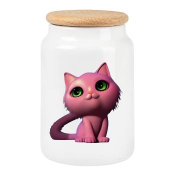 Pink cat free - Cookie Jar with Wooden Lid - white - Front