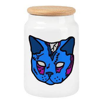 Blue Cat Mask Patchwork - Cookie Jar with Wooden Lid - white - Front