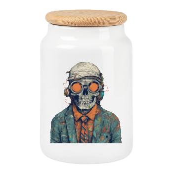 Cooles Skelett Portrait mit Sonnenbrille, Mütze - Keksdose mit Holzdeckel - Weiß - Vorne