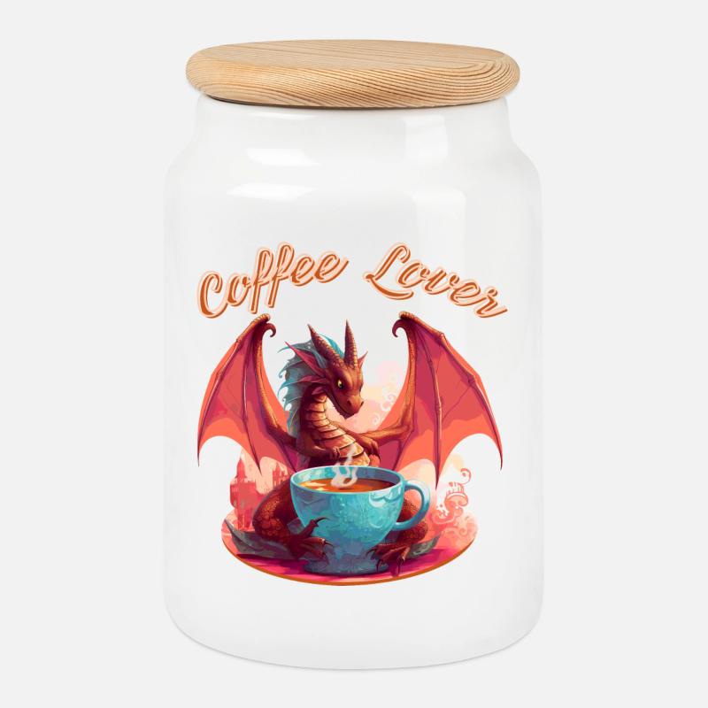 Dragon Coffee Lover - Keksdose mit Holzdeckel - Weiß