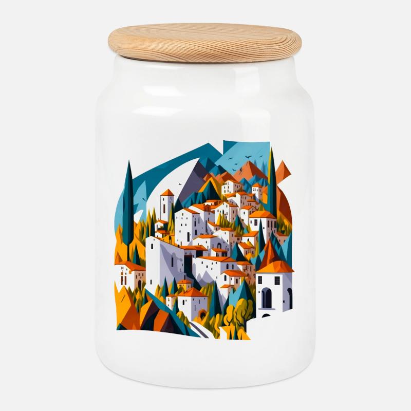 Mediterranes Bergdorf - Keksdose mit Holzdeckel - Weiß