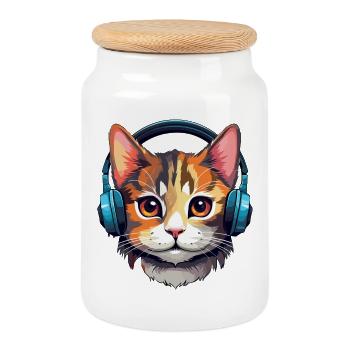 Chat avec écouteurs, Chat, Amoureux des chats, Chats - Boîte à biscuits avec couvercle en bois - blanc - Devant