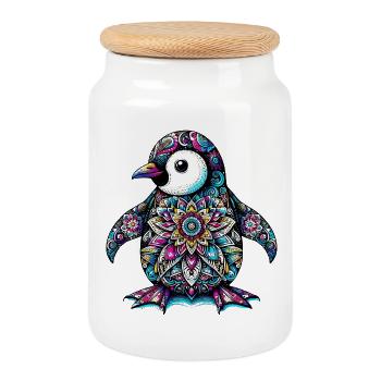 Pinguin mit Mandalas verziert - Keksdose mit Holzdeckel - Weiß - Vorne