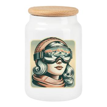 skiing skier snow winter sports holiday - Cookie Jar with Wooden Lid - white - Front