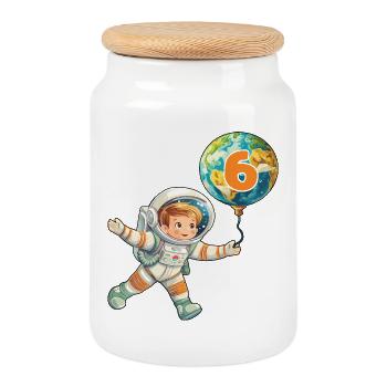 Astronaut 6 Birthday Space Children's Birthday - Cookie Jar with Wooden Lid - white - Front