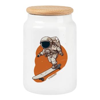 Astronaut Skateboarder in Orbit - Cookie Jar with Wooden Lid - white - Front