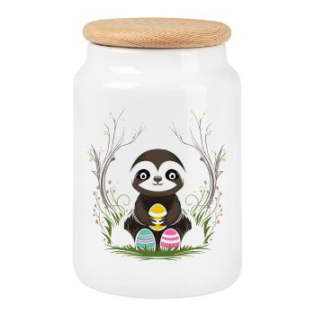 Easter Sloth with Easter Eggs in Spring - Cookie Jar with Wooden Lid - white - Front
