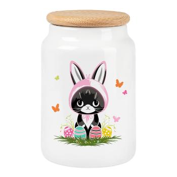 Chat de Pâques Oeufs de Pâques Costume de lapin - Boîte à biscuits avec couvercle en bois - blanc - Devant