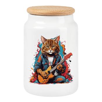 Chat avec guitare - Boîte à biscuits avec couvercle en bois - blanc - Devant