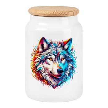 Loup - Boîte à biscuits avec couvercle en bois - blanc - Devant