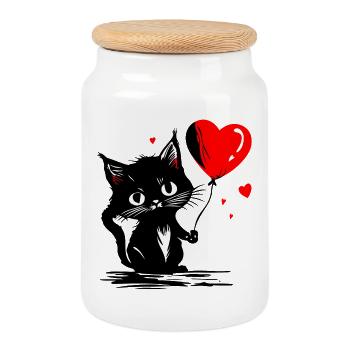Cat Heart Balloon Red Mother's Day Street Art - Cookie Jar with Wooden Lid - white - Front