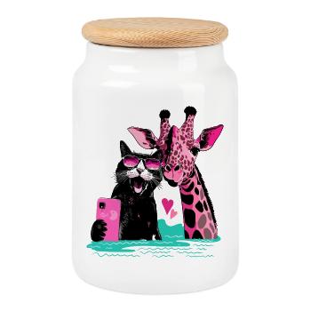 Selfie Good-Vibes avec chat et girafe - Boîte à biscuits avec couvercle en bois - blanc - Devant