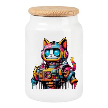 Cat designed as a robot in comic graffiti style - Cookie Jar with Wooden Lid - white - Front