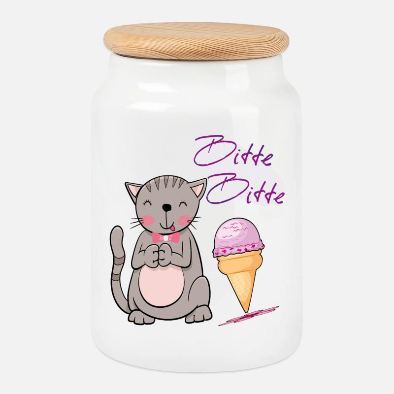 Katze mit Eistüte - Keksdose mit Holzdeckel - Weiß