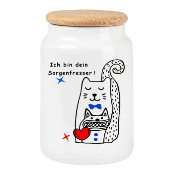 Chat mangeur d’inquiétude - Boîte à biscuits avec couvercle en bois - blanc - Devant