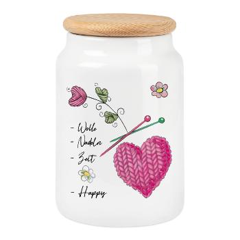 Coeur tricoté avec des fleurs et des aiguilles à tricoter - Boîte à biscuits avec couvercle en bois - blanc - Devant