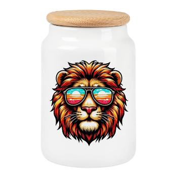 Lion avec des lunettes de soleil - Boîte à biscuits avec couvercle en bois - blanc - Devant