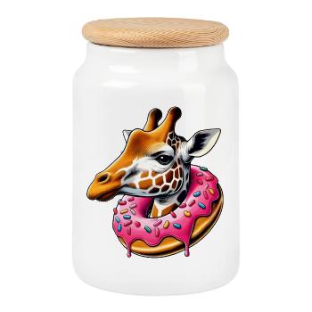witziger Augenschmaus - Giraffe mit Donut - Keksdose mit Holzdeckel - Weiß - Vorne