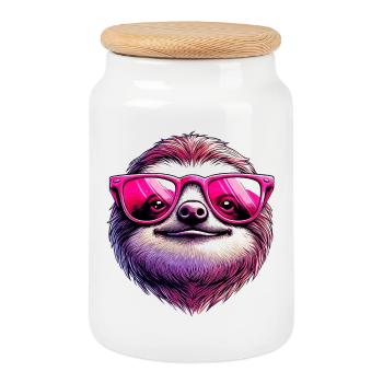 Sloth with Sunglasses - Cookie Jar with Wooden Lid - white - Front