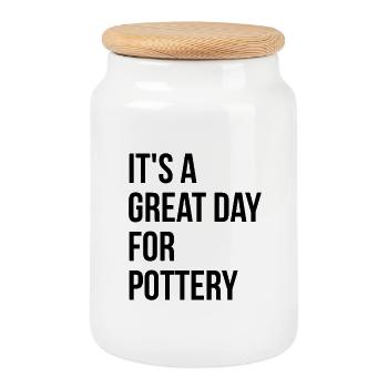 Pottery - Cookie Jar with Wooden Lid - white - Front