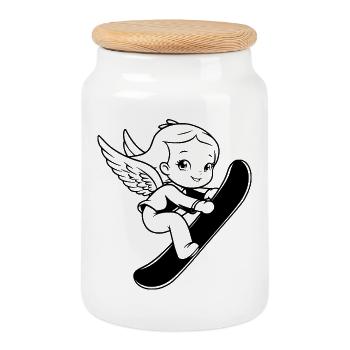 Ange du snowboard - Boîte à biscuits avec couvercle en bois - blanc - Devant