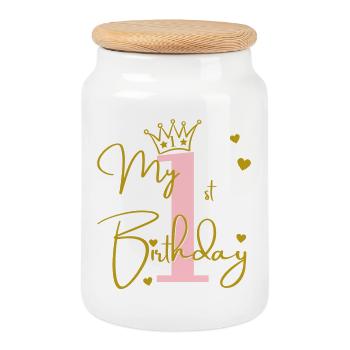 My 1st Birthday - Cookie Jar with Wooden Lid - white - Front