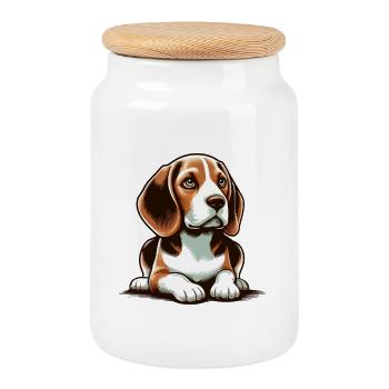 Lying Beagle Dog - Cookie Jar with Wooden Lid - white - Front