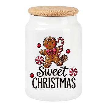 Joyeux bonhomme en pain d’épice avec canne à sucre - Boîte à biscuits avec couvercle en bois - blanc - Devant