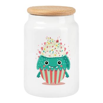 Mignon Cupcake Monster - Mignon et ludique - Boîte à biscuits avec couvercle en bois - blanc - Devant