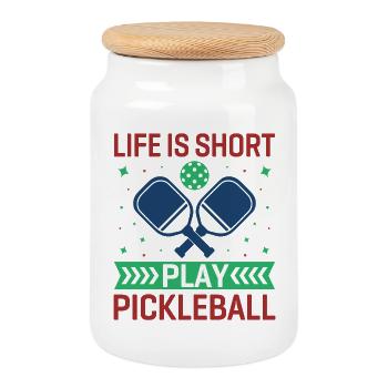Life is Short, Play Pickleball - Cookie Jar with Wooden Lid - white - Front