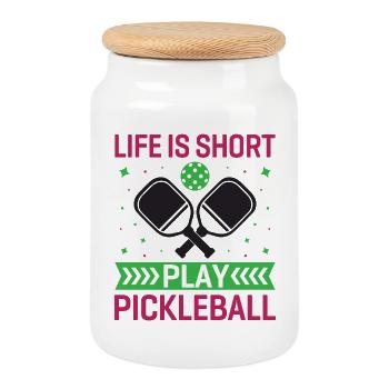 Life is Short, Play Pickleball - Cookie Jar with Wooden Lid - white - Front