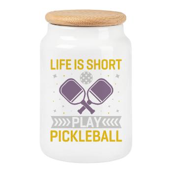 Life is Short, Play Pickleball - Cookie Jar with Wooden Lid - white - Front