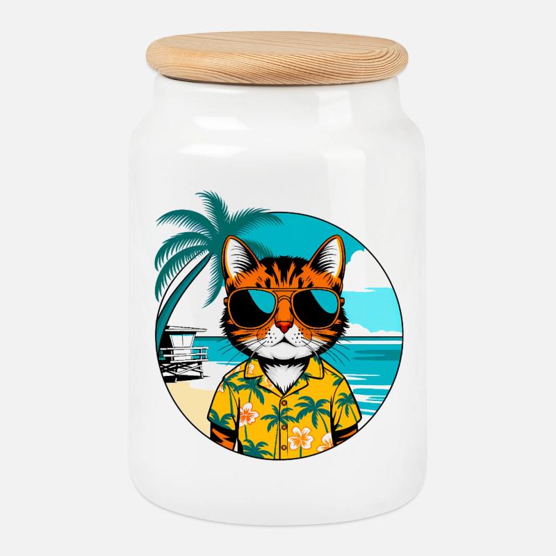 Chat sur la plage - Boîte à biscuits avec couvercle en bois - blanc