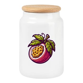 Vibrant Passionflower Fruit Illustration - Cookie Jar with Wooden Lid - white - Front
